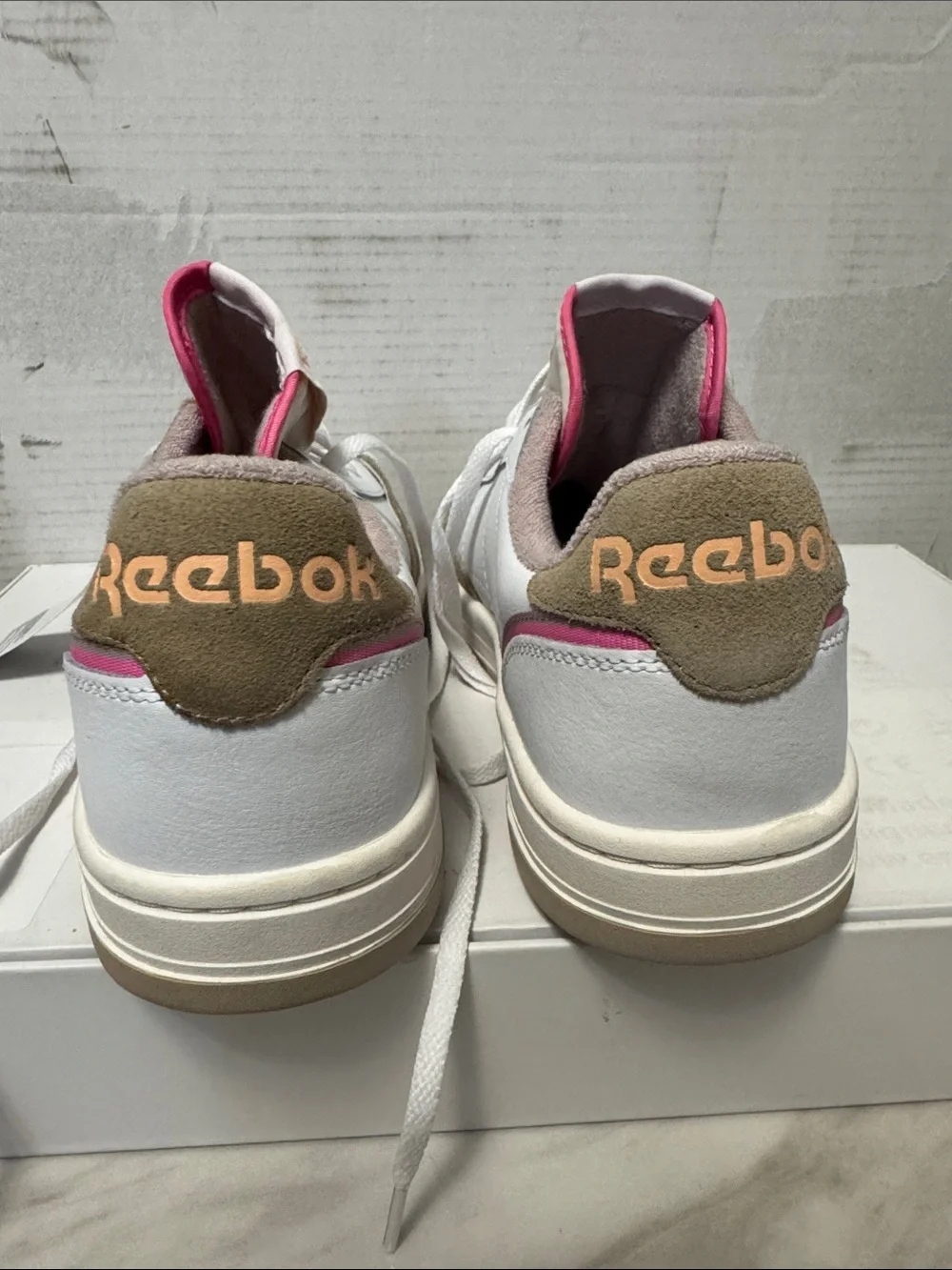 Reebok White Sneakers with Beige Suede and Pink Accents